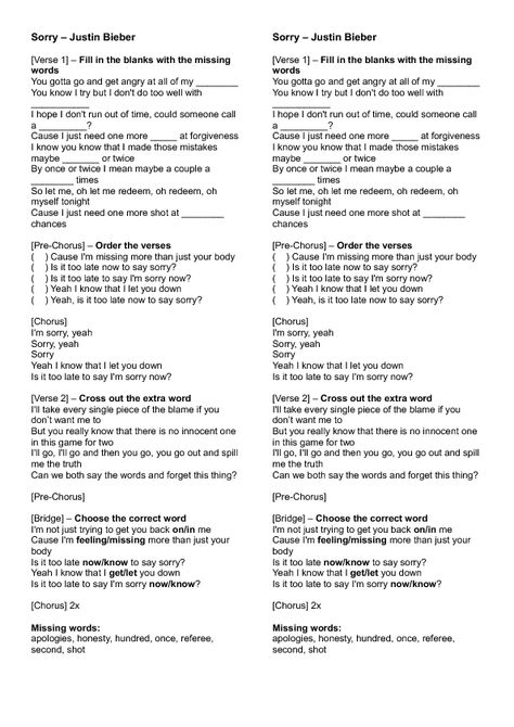 Song Worksheet: Sorry by Justin Bieber Song Worksheet, Sorry Lyrics, Justin Bieber Songs, Vocal Cords, Listening Activities, Classroom Songs, Love Yourself Lyrics, Teaching Third Grade, English Exercises