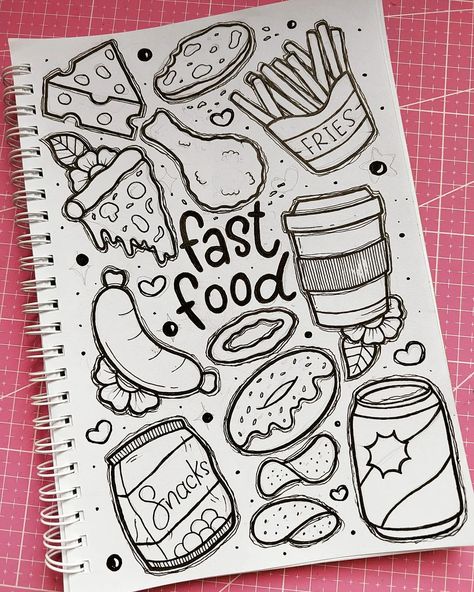 Doodle Art Of Food, Food Drawing Sketches Doodles, Doodle Art Food Ideas, Fast Food Doodles, Food Doodles Aesthetic, Drawing Ideas Easy Food, Drawing Food Ideas, Doodle Food Art, Doodle Art Journals Ideas