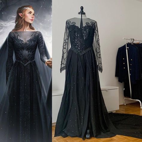 Feyre Archeron Inspired Outfit, Night Court Cosplay, High Lady Of The Night Court Dress, Night Court Clothing, Feyre Archeron Starfall Dress, Feyre Night Court Dress, Feyre Dress Starfall, High Lady Of The Night Court, Feyre Halloween Costume