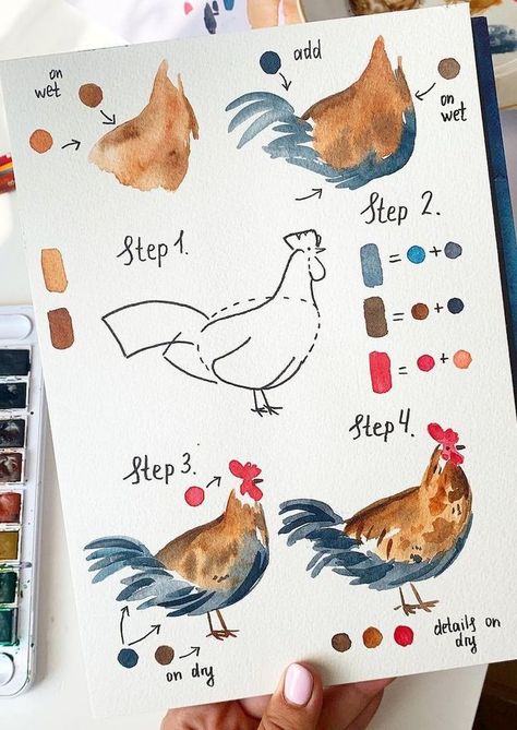 Chicken Drawing Watercolor, Easy Watercolor Chicken, Chicken Watercolour Painting, Watercolor Illustration Animals, Watercolor Rooster Tutorial, Watercolor Art Chicken, Farm Animal Watercolor Paintings, Watercolor Art Ideas Animals, Drawings For Watercolor Painting