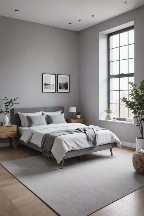 Grey Wall Interior Design, Gray Hardwood Floors Bedroom, Light Gray Master Bedrooms Decor, Grey Wall Aesthetic Bedroom, Bedroom Ideas With Light Grey Walls, Light Gray Bedroom Aesthetic, Light Gray Walls Bedroom Ideas, Bedroom Inspo Grey Walls, Grey Bedframe Room