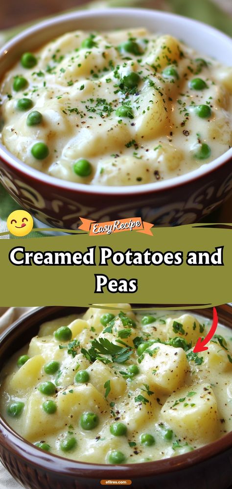 Creamed Potatoes and Peas is a comforting side dish that brings back memories of home. Creamy, soft potatoes and sweet peas are simmered together in a light, flavorful sauce. It's a classic pairing that complements any meal beautifully. #ComfortFood #CreamedVegetables #HomeCooked Creamed Dill Potatoes, Cream Potatoes And Peas, Peas And Potatoes In Cream Sauce, Potato And Peas Recipes, Cream Peas And Potatoes, Creamed Potatoes And Peas, Creamed Potatoes Old Fashioned, Potatoes And Peas Recipe, Creamed Peas And Potatoes