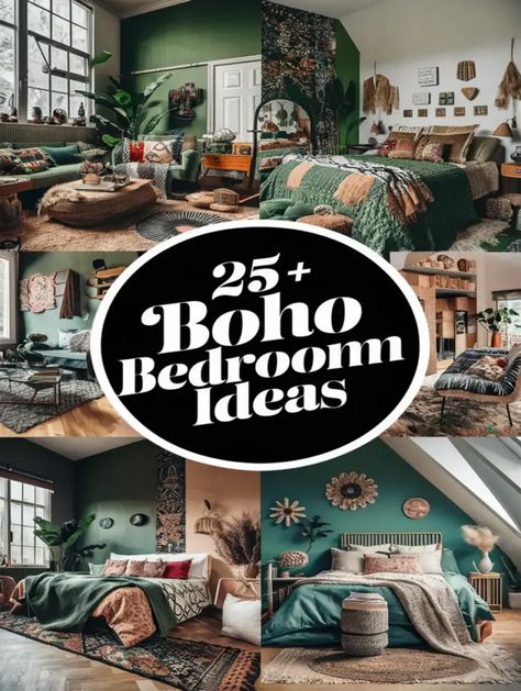 Emerald Green Bedding Boho, Boho Bedroom Dark Furniture, Dreamy Boho Bedroom, Boho Cottagecore Bedroom, Boho Plant Bedroom, Boho Green Bedroom, Boho Jungle Bedroom, Female Bedroom Ideas, Decorating Ideas For Bedroom