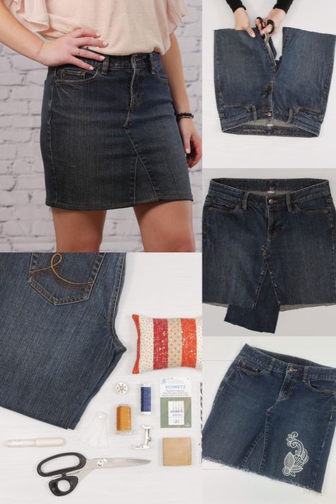 How To Make A Jean Skirt Out Of Jeans Diy, Diy Jeans Upcycle Skirts, How To Turn Denim Jeans Into A Skirt, Turn Jeans To Skirt, Diy Denim Skirt From Jeans How To Make, Free Denim Skirt Pattern, Making A Denim Skirt From Jeans, Jean Skirt Out Of Old Jeans, Sewing Jeans Skirt