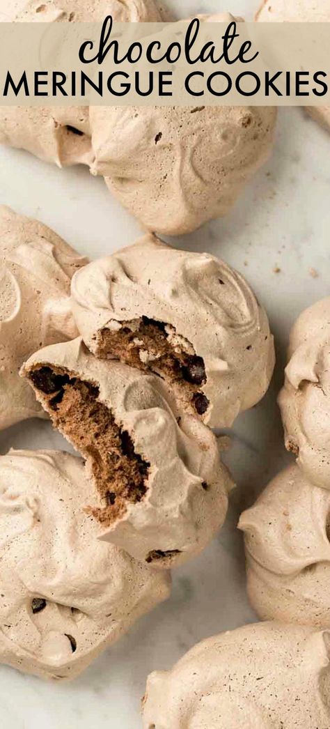 Peanut Meringue Cookies, Merangue Recipe Chocolate, Chocolate Chip Meringues, Meringue Cookies Chocolate, Mocha Meringue Cookies, Cocoa Meringue Cookies, Meringue Chocolate Chip Cookies, Meringue Piping Techniques, Protein Meringue Cookies