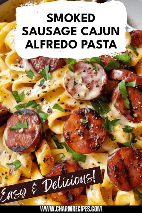 Enjoy an unforgettable meal with this Smoked Sausage Cajun Alfredo. This rich dish brings out the fantastic flavors of smoky sausage paired perfectly with a creamy and spicy Alfredo sauce. Easy to make and packed with zest, it's perfect for a hearty dinner that's sure to impress family and friends. Discover the perfect combination of pasta and Cajun influence that will ignite your taste buds and satisfy your cravings. This recipe makes a delightful dinner any night of the week and is as delicious as it is easy to prepare. Sausage Cajun Alfredo Pasta, Smoked Sausage Cajun Alfredo, Cajun Alfredo Recipe, Spicy Alfredo Sauce, Cajun Alfredo Pasta, Smoked Sausage Alfredo, Sausage Pasta Recipes Easy, Smoked Sausage Recipes Pasta, Cajun Alfredo