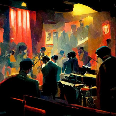 1930s Jazz Club, Old Jazz Club, Live Painting Performance, Jazz Club Art, Nightclub Illustration, Jazz Art Paintings, Music Major, Jazz Painting, Music Sketch