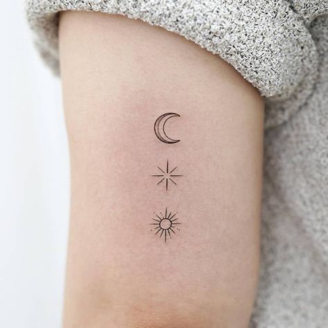 Minimal Sun Moon Stars Tattoo, Start Moon Sun Tattoo, Sun The Moon And Stars Tattoo, Moon And Stars Best Friend Tattoo, Moons And Star Tattoo, Sibling Tattoos For 3 Sun Moon Star, Small Tattoos Sun Moon Stars, Sun Moon And Stars Tattoo Delicate, Sun Moon Vertical Tattoo