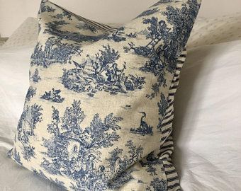 French Country Pillows, Blue Floral Pillows, Toile Pillows, French Country Blue, Scandinavian Pillows, Blue Linen Bedding, Shabby Chic Pillows, Floral Cushion Covers, Blue Toile