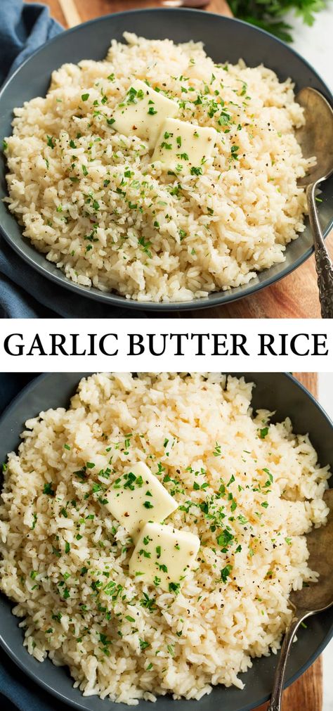 Garlic Butter Rice is made with basic long grain white rice, fresh garlic, a fair amount of rich butter, and chicken broth for extra flavor. Easiest rice recipe! Recipe on cookingclassy.com. Butter Rice Recipe, Buttered Rice Recipe, Tasty Rice Recipes, Garlic Butter Rice, Meal Planing, White Rice Recipes, Rice Side Dish Recipes, Easy Rice, Rice Side