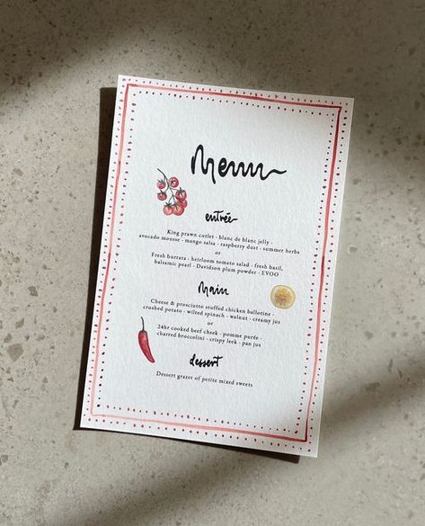 Perth Wedding Stationery & Signage on Instagram: "Custom watercolour illustrations paired with a hand drawn border and spot lettering, printed on white card. The illustrations add a personal touch to your stationery and can be used for all your stationery items starting from save the dates, invites, menus and signage 👩‍🎨🎨🍅🍋🌶️⁠" Homemade Menu Card, Watercolor Art Wedding Invitation, Watercolour Menu Design, Custom Menu For Dinner Party, Wedding Menu Italian, Watercolour Invitations Wedding, Wedding Stationary Illustration, Hand Written Menu Cards, Illustrative Wedding Invitations