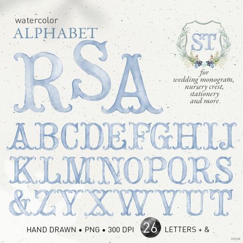 Vintage Monogram Letters, Watercolor Lettering Alphabet, Cool Alphabet Letters, Monograms Design, Dusty Blue Background, Wedding Crests, Watercolor Letters, Illustrated Alphabet, Watercolor Alphabet