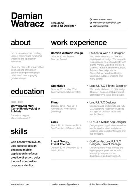 Swiss Style Resume 2014 by Damian Watracz Cv Original Design, Cv Original, Cv Inspiration, Graphic Design Cv, Logos Retro, Resume Layout, Business Fonts, Portfolio Resume, Creative Cv