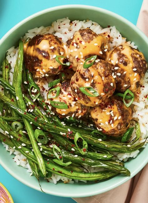 Healthy Dinner Recipes Green Beans, Meatballs Green Beans, Hello Fresh Green Beans, Meatballs And Asparagus, Meatball And Green Beans, Meatball And Veggie Recipes, Firecracker Meatballs Beef, Fire Cracker Meatballs Hello Fresh, Hello Fresh Firecracker Meatballs Recipe