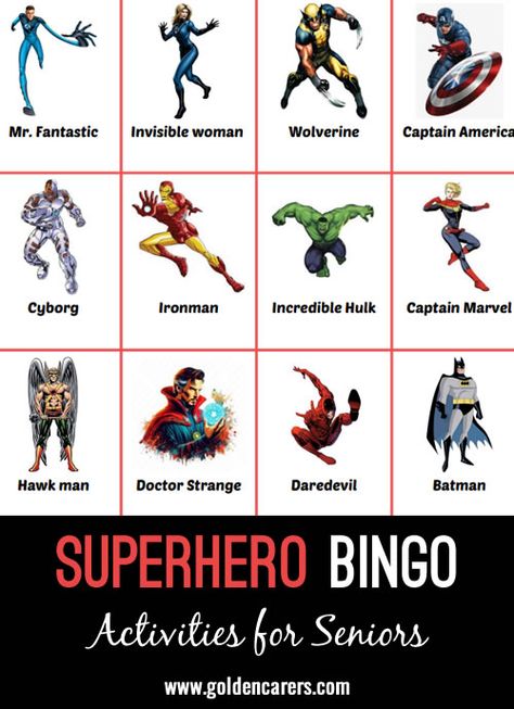 Superhero Bingo: Here is a superhero-themed bingo game to enjoy! Superhero Bingo, Spiderman Tv, Bingo Calls, Nursing Home Activities, Character Words, Elderly Activities, Activity Director, Superhero Batman, Invisible Woman