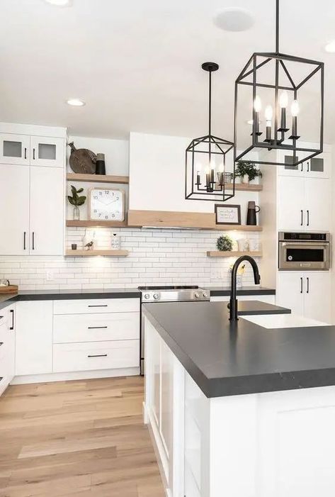 White Black Wood Interior Design, Black Counter White Cabinets Kitchen, White Cabinets With Dark Grey Countertop, Kitchen White Black Countertop, Farmhouse Kitchen White And Black, Kitchen Ideas Black White Wood, Kitchen Interior Backsplash, Not Boring White Kitchen, Black Counter Tops White Cabinets Kitchen