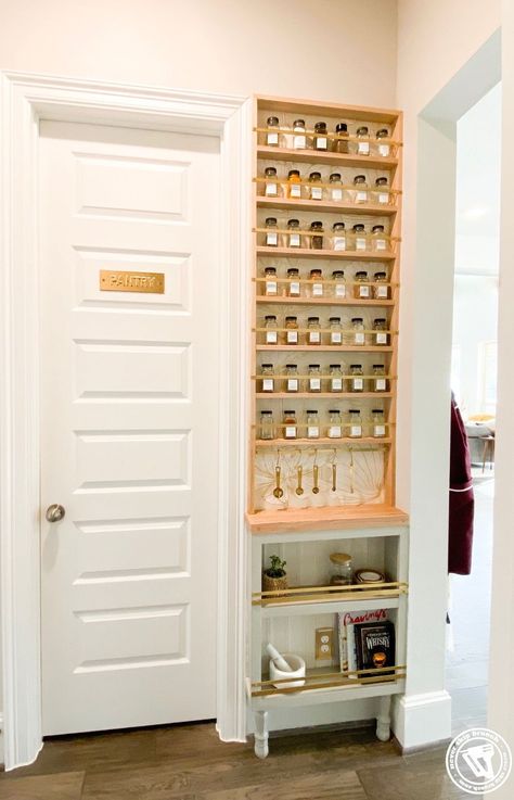 building a spice rack: wall spice rack diy » NEVER SKIP BRUNCH Wall Spice Storage, Spice Organization Wall, Spice Wall Organization, Pull Out Spice Rack Next To Fridge, Spice Shop Design Ideas, Homemade Spice Rack, Spice Wall Rack, Spice Rack Diy, Build A Spice Rack