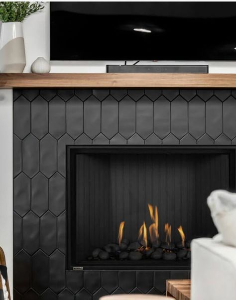 Mantel With Tile Fireplace, Black Hexagon Fireplace Tile, Black Matte Tile Fireplace, Fireplace With Grey Floors, Black Tiles Fireplace, Dark Grey Tile Fireplace, Tile On Fireplace Wall, Black Tile Around Fireplace Ideas, Tile Faux Fireplace