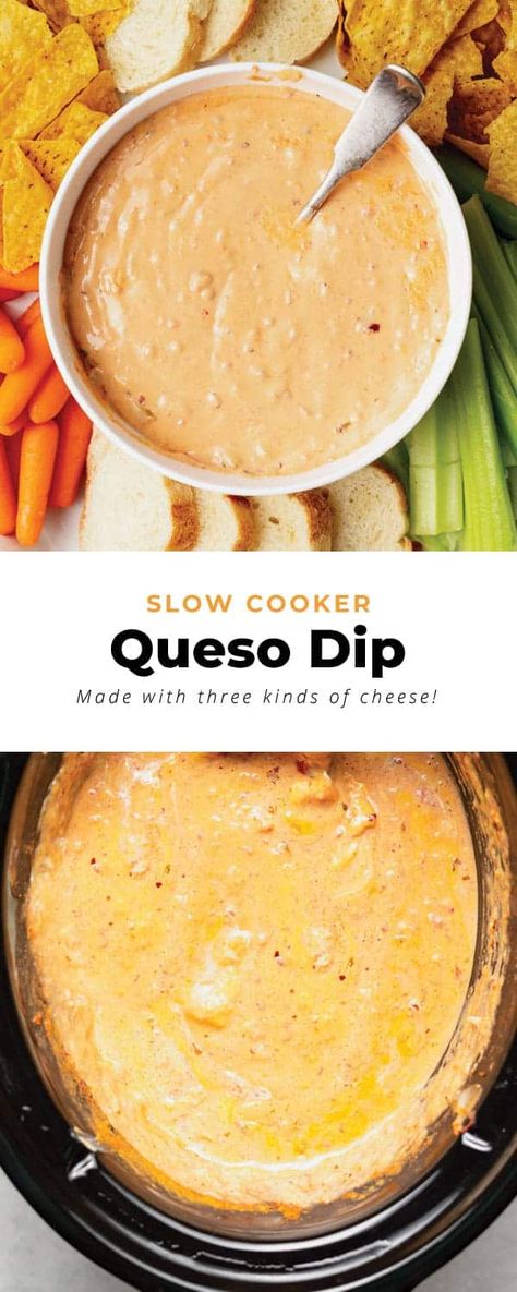 This Slow Cooker Queso Dip is the ultimate cheesy appetizer! It's super creamy (never clumpy!), and made with easy to find ingredients. Enjoy! Slow Cooker Queso Dip, Queso Dip Velveeta, Queso Dip Crockpot, Slow Cooker Queso, Cheese Dip Crock Pot, Crock Pot Queso, Cheesy Appetizer, Queso Dip Recipes, Crock Pot Dips