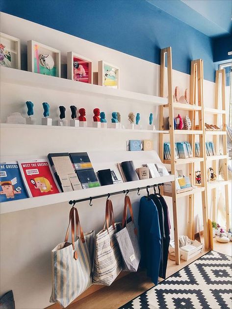 zalo, souvenir, shop, heraklion, minoan, museum, design, blue, wood, crete, leventakis Greece Heraklion, Gift Shop Interiors, Gift Shop Displays, Bookstore Design, Souvenir Display, Women Boss, Buying Home, Museum Design, Souvenir Store