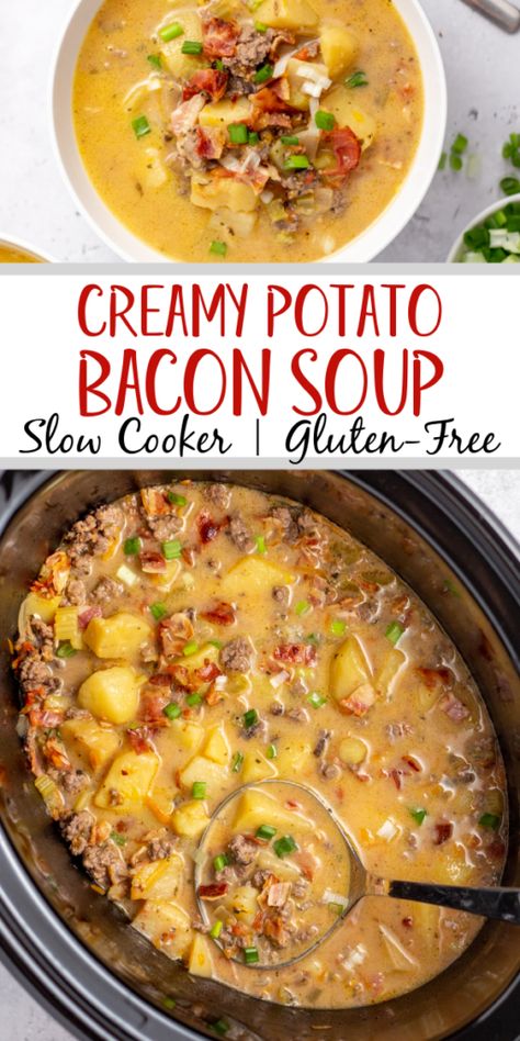 Creamy Bacon Potato Soup Crockpot, Creamy Potato Bacon Soup, Firehouse Recipes, Soup Slow Cooker, Potato Bacon Soup, Potato Bacon, Slow Cooker Potatoes, Pottery Angels, Soup With Ground Beef