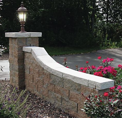 run the tail parallel with driveway and then just a little whip at the very end to give contour. Retaining wall blocks French Country Driveway Entrance, Driveway Walls, Driveway Columns, Driveway Brick, Driveway Entrance Ideas, Marble Landscape, Ranch Entrance Ideas, Brick Mailbox, Entrance Landscaping