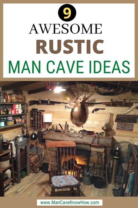 SEE PINS BELOW FOR PRODUCTS & visit website for more. The rest of your home looks as fresh and current as can be, but what about your man cave? Can you give it the kind of rustic makeover you’ve always dreamed of? You bet you can // rustic man cave ideas #rusticmancave #rusticmancaveideas #mancaverustic #mancaverusticideas #affiliate #rusticmancavedecor #rusticmancavegarage #rusticmancaveshed #rusticmancavebasement #rusticmancavebasementdesigns #mancavedesignideas #mancaveideas Gentleman Man Cave, Outdoorsy Man Cave Ideas, Rustic Mancave Ideas, Man Cave Vintage, Hunter Decor Rustic, Rustic Hunting Cabin Interior, Man Caves In Garage, Man Cave Paint Ideas, Mens Cave Ideas Room