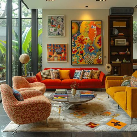 The Art of Mixing Styles in a Mid Century Modern Eclectic Living Room • 333+ Images • [ArtFacade] Bright Mid Century Living Room, Mcm Colorful Living Room, Colorful Home White Walls, Modern Art Interior Design, Post Modern Interior Design Living Rooms, Living Room Eclectic Modern, Mid Century Modern Living Room Colorful, Modern Funky Living Rooms, Bold Color Living Room