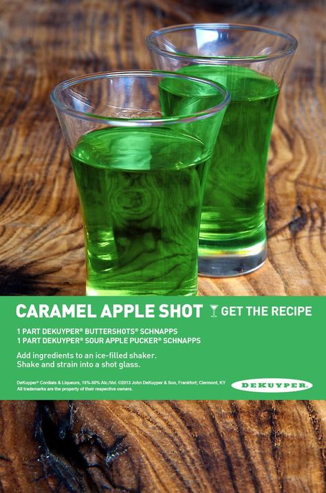 Caramel Apple Shot we could do any butterscotch liqueur and sour apple pucker!!!! @Diane Haan Lohmeyer Haan Lohmeyer Z McEuen Caramel Apple Shots, Apple Shots, Sour Apple Pucker, Fruity Mixed Drinks, Apple Pucker, Liquor Drinks, Boozy Drinks, Shot Recipes, Mixed Drinks Recipes