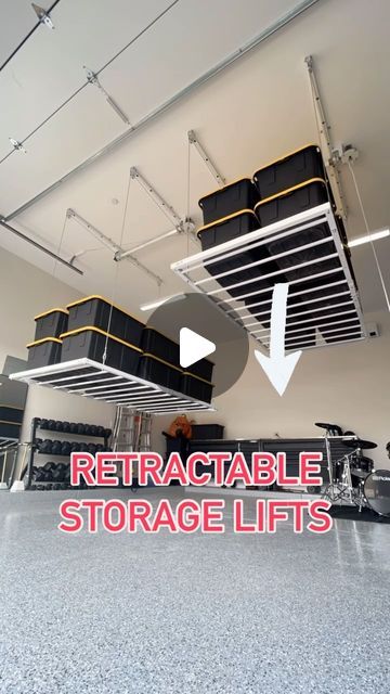 Ceiling Storage and More on Instagram: "Garage STORAGE done right 👍🏼" Apartment Garage Storage, Shop Overhead Storage, Kayak Ceiling Storage, Small Garage Layout, Garage Organization Ideas For One Car Garage, Garage Suspended Storage, Garage Organization Ceiling, Ideas For Garage Storage, High Garage Storage