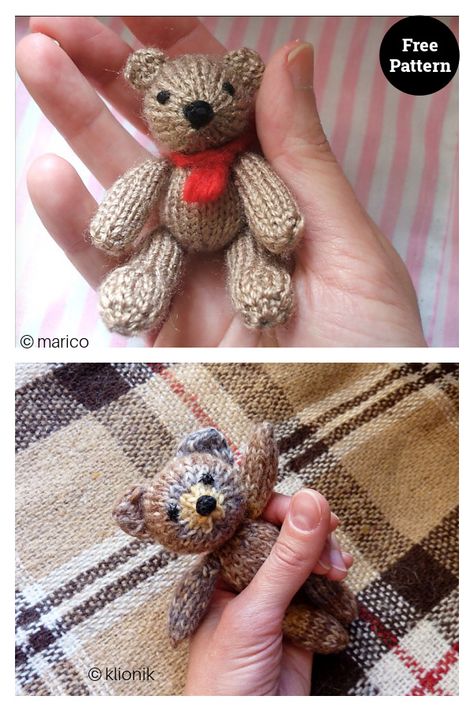 Tiny Knitted Teddy Bear Free Pattern, Knitting Patterns Free Toys Animals, Keychain Knitting Pattern, Mini Bear Amigurumi Free Pattern, How To Knit A Teddy Bear, Tiny Bear Pattern, Small Knitted Animals, Knitting Patterns Free Stuffed Animals, Small Teddy Bear Knitting Pattern Free