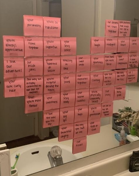 Surprise Birthday Gifts For Girlfriend, Post Its On Mirror For Boyfriend, Surprise To Boyfriend, Sticky Note For Girlfriend, Post It Note Heart On Mirror, Cute Love Ideas For Boyfriend, Surprises For Boyfriend Just Because, Post Notes Ideas For Him, Things To Surprise Your Girlfriend With