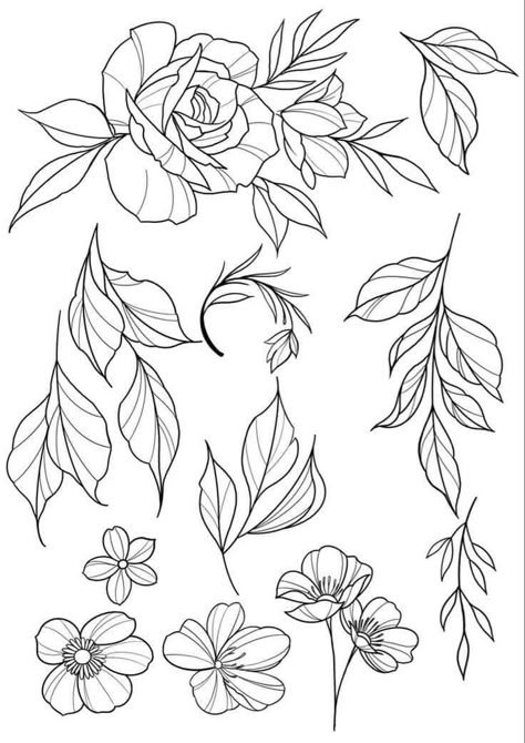 Linework Tattoo Practice, Leaf Stencil Tattoo, Flower Tattoo Sketch Ideas, Tattoo Leaves Design, Neotraditional Tattoo Linework, Flower Stencils Tattoo, Leaves Outline Tattoo, Neo Traditional Flower Design, Female Flower Tattoos