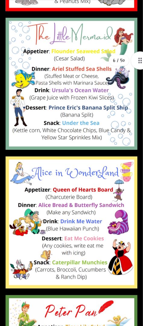 Disney Movies With Food, Disney Movie Theme Meals, Movie Themed Dinners Ideas, Movie Night Ideas Disney, Disney Food Recipes Dinner, Disney Dinner Ideas Movie Nights, Disney Themed Movie Night Snacks, Themed Nights For Dinner, Disney Movie Inspired Meals