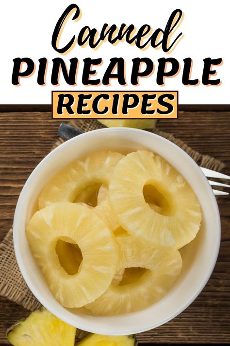 These canned pineapple recipes make the most wonderful dishes, from appetizers to entrees to desserts! Try these dishes, and you'll stock up on canned pineapple from here on out. Recipes Using Canned Pineapple, Can Pineapple Recipes, Pineapple Rings Recipes, Pineapple Slices Recipe, Recipes Using Pineapple, Canned Pineapple Recipes, Pineapple Sherbet Recipe, Pineapple Recipes Easy, Pineapple Recipes Dinner