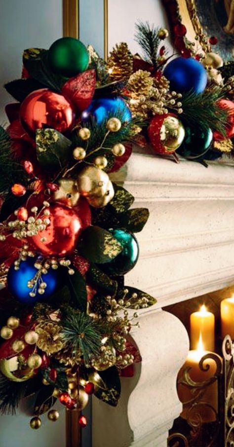 Jewel Tone Christmas, Blue Christmas Decor, Christmas Tablescape, Gold Christmas Decorations, Christmas Tree Inspiration, Christmas Mantle, Christmas Fireplace, Christmas Mantels, Fireplace Mantel