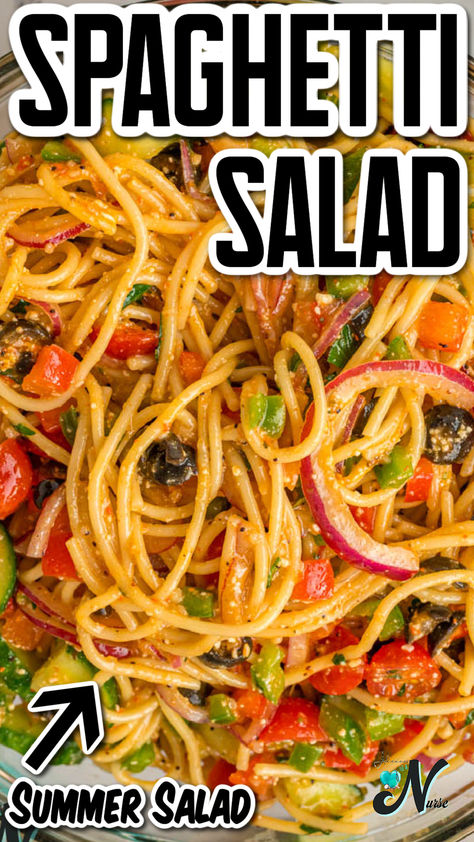 Looking for the perfect summer salad? Try this Spaghetti Salad! Easy to make and packed with fresh flavors, this pasta salad is a hit at any gathering. Quick, delicious, and ideal for warm weather meals! 20 Minute Spaghetti Salad, Italian Spaghetti Salad Recipes, Pasta Salad Recipes With Italian Dressing And Salad Supreme, Simply Salad Pasta Salad Recipe, Meals With Salad On The Side, Spaghetti Summer Salad, Easy Creamy Pasta Salad, Healthy Simple Salads, Spaghetti Salad Recipes Easy