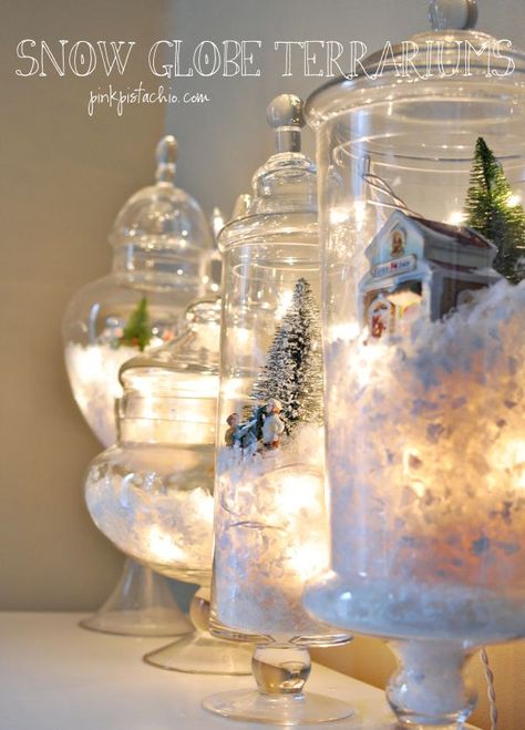 Use string lights to create beautiful winter-themed decorative terrariums. Apothecary Jar Ideas, Jul Diy, Diy Snow Globe, Real Estat, Decor Ikea, Cool Ideas, Noel Christmas, Christmas Love, Decoration Christmas