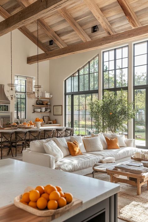 37 Modern Farm Houses With the Ultimate Cozy Upgrade Farmhouse Midcentury Modern, House Inspo Farm, Rustic Modern Farmhouse Interior, Modern Farm Home Interior, Modern Luxury Farmhouse, Contemporary Ranch Home Interior, Italian Farmhouse Interior, Open Family Room Ideas, Modernized Farmhouse