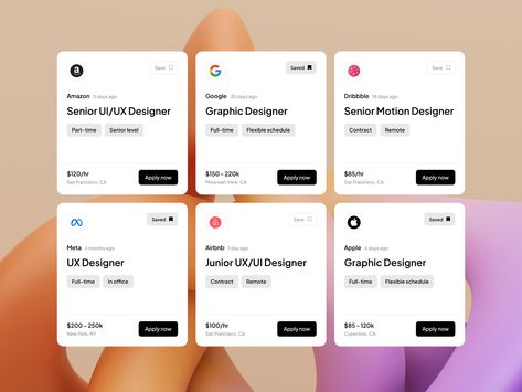 Job Cards (UI Components) by Kylinn Rich on Dribbble Job Card Design, Ux Card Design, Website Cards Design, Card Ui Design Mobile, App Ideas Inspiration, Card Ui Design Website, Search Ui Design, Cards Ui Design, Product Card Ui