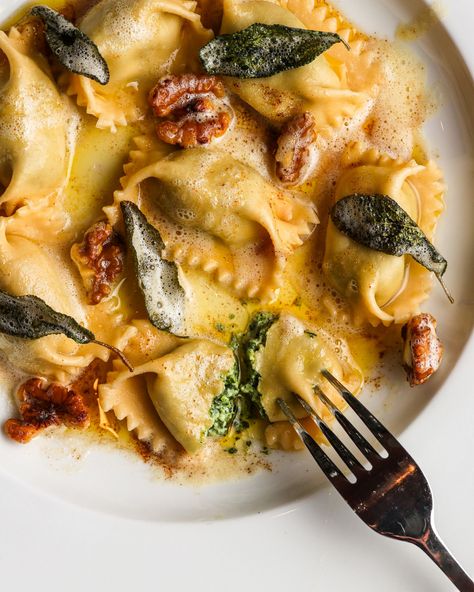 Spinach and Ricotta Agnolotti in a Sage Butter Spinach Ricotta Ravioli, Butter Sauce For Pasta, Spinach And Ricotta Ravioli, Burnt Butter, Sauce For Pasta, Blue Rocks, Ricotta Ravioli, Spinach And Ricotta, Brown Butter Sauce