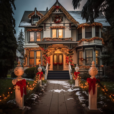 Add a spooky twist to your holiday decor with these images of Victorian homes decorated with Christmas decorations and Halloween elements. Experience the kitsch and camp charm of a Victorian home decorated for Christmas, or the intricate details of a Victorian style house with Christmas decorations. #VictorianHalloweenChristmas #SpookyHolidayDecor #Decorations Victorian Home Christmas Exterior, Victorian Homes Christmas, Christmas Victorian House, Victorian Home Christmas, Christmas Decir, Victorian Christmas Decorations, Victorian Homes Exterior, Victorian Halloween, Victorian Style House