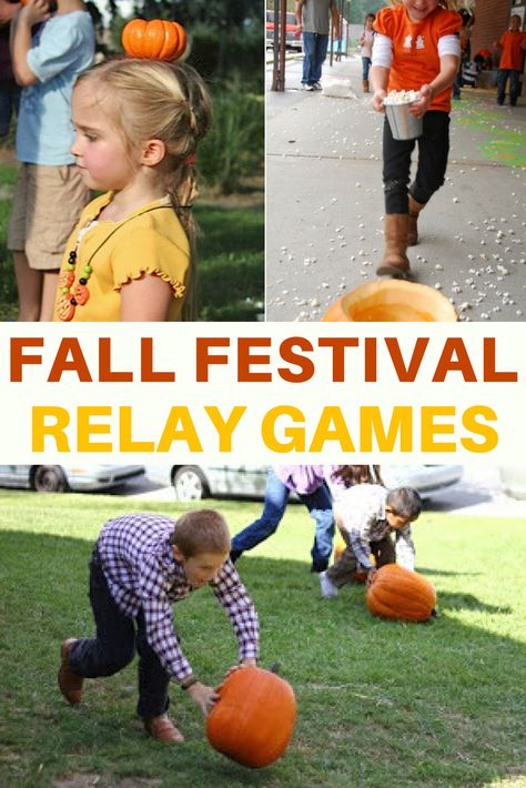 Fall festival ideas. Pumpkin relay racing and lots more ideas for fall parties! #festival #fall #autumn Fall Fair Ideas Carnival Games, Fall Pto Events, Fall Festival Preschool Ideas, Fall Fun Day Games, Fall Diy Games, Pumpkin Race Ideas, Halloween Relay Race, Backyard Fall Festival Ideas, Pin The Stem On The Pumpkin