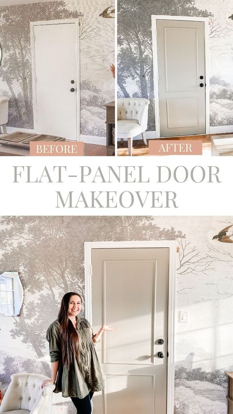 How To Make Cheap Doors Look Expensive, Trim On Flat Panel Door, Diy Updated Interior Doors, Apartment Door Makeover, Old Bedroom Door Makeover, Diy Molding On Doors, No Molding Around Doors, Diy Hallway Door Makeover, Diy Raised Panel Door