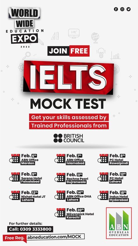 😕 Confuse about your English language skills. Want to appear in IELTS but worried about your preparation. 📌 Then a unique opportunity to get your IELTS knowledge tested. ✅ Assess yourself on the actual test pattern. Come and join us for a free IELTS Mock Test. Please register yourself for ‘Free’ 🌐 Registration link: https://www.abneducation.com/mock/ ☎ For more information call us at 0309-3333800 Test Pattern, Knowledge Test, British Council, Overseas Education, Mock Test, Educational Consultant, Language Skills, English Language, Join Us