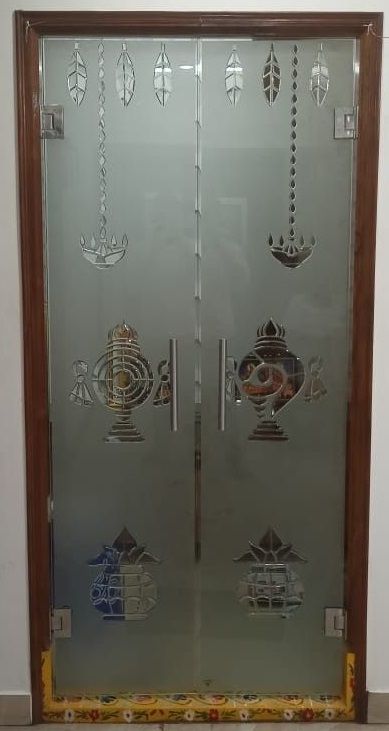 Modern Pooja Room Glass Door Designs Pooja Glass Design, Home Temple Glass Door Design, God Room Glass Door Designs, Pooja Room Doors Design Simple, Temple Door Glass Design, Modern Pooja Room Design Indian Homes, Pooja Room Ideas Indian Modern Glass, Puja Room Glass Door Design Modern, Poojaroom Glass Door Designs