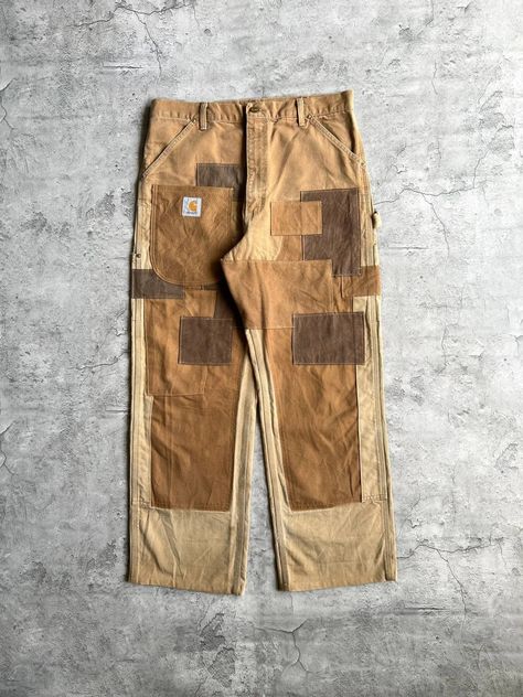 Reworked Cargo Pants, Patch Work Pants Men, Patchwork Carhartt, Custom Carhartt, Reworked Carhartt, Carhartt Double Knee, Carhartt Double Knee Pants Outfit, Patched Pants, Double Knee Pants