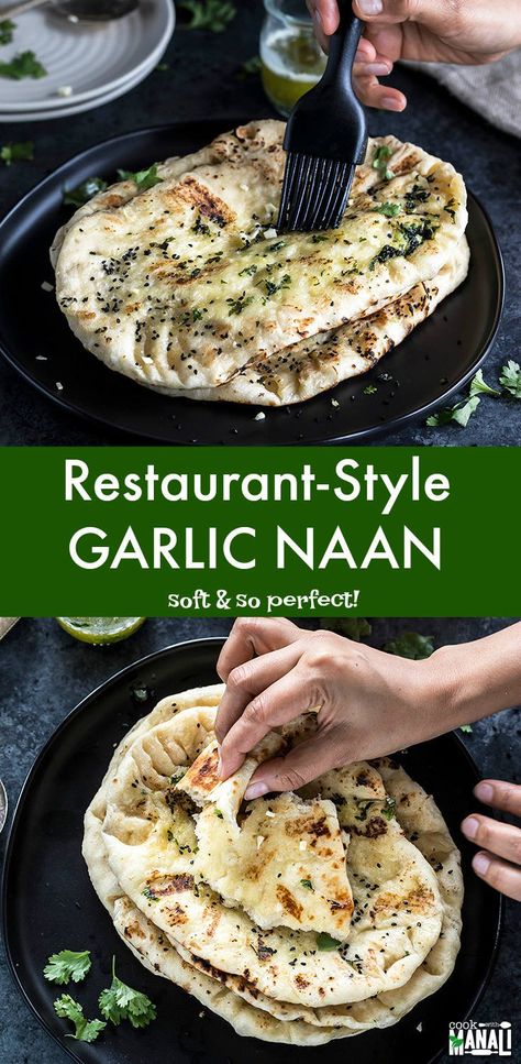 Soft and Buttery Homemade Garlic Naan - just like the one from your favorite Indian restaurant! Enjoy it with your favorite curry! #naan #indian #recipe Butter Garlic Naan, Garlic Roti Recipe, Nann Recipes, Garlic Butter Naan Recipe, Naan Garlic Bread, Indian Naan Recipe, Indian Naan, Garlic Naan Bread, Indian Recipes