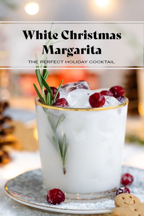 This delicious White Christmas Margarita is the perfect cocktail for the holidays. You can make it as a single serving or in a pitcher for a bigger party! It's made with coconut milk and coconut rum for extra coconut-y flavor! Add coconut extract to make the flavor even better! It's easy to make non-alcoholic and comes together really easily. Garnish your cocktail with frozen cranberries and a spring of rosemary to make it extra fancy! via @healthfulideas Christmas Coconut Margarita, White Christmas Cocktails, White Christmas Margarita, Christmas Margarita, Christmas Coconut, Xmas Drinks, Christmas Party Drinks, Christmas Drinks Recipes, Christmas Drinks Alcohol