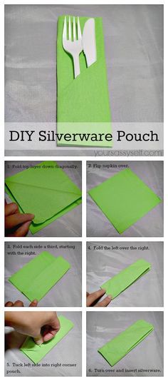 Napkin Fold - DIY Silverware Pouch - AD yoursassyself.com How To Fold Paper Napkins, Silverware Pouch, Wrapped Silverware, Diy Napkin Folding, Folding Napkins, Napkin Folding Tutorial, Easy Napkin Folding, Paper Napkin Folding, Creative Napkins